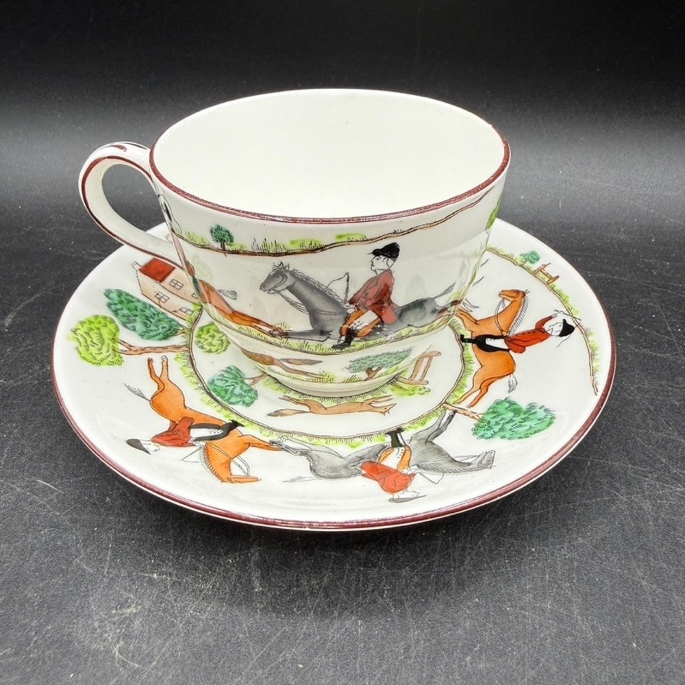 Crown Staffordshire Fox Hunt Horse Dog Hunting Scene Tea Cup & Saucer Equestrian